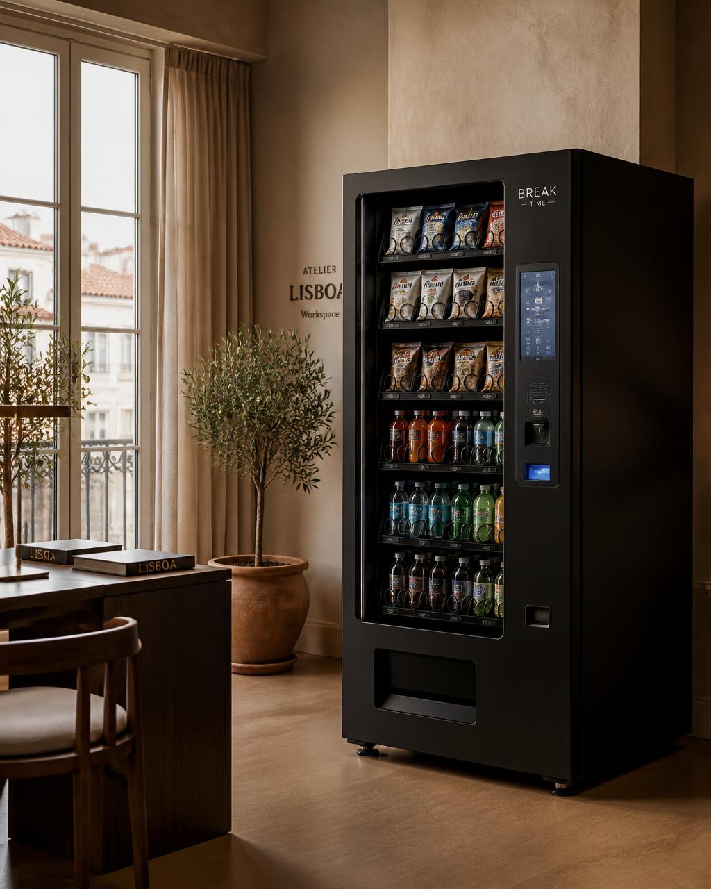 A premium black vending machine inside a warm Lisbon workspace with wood and linen