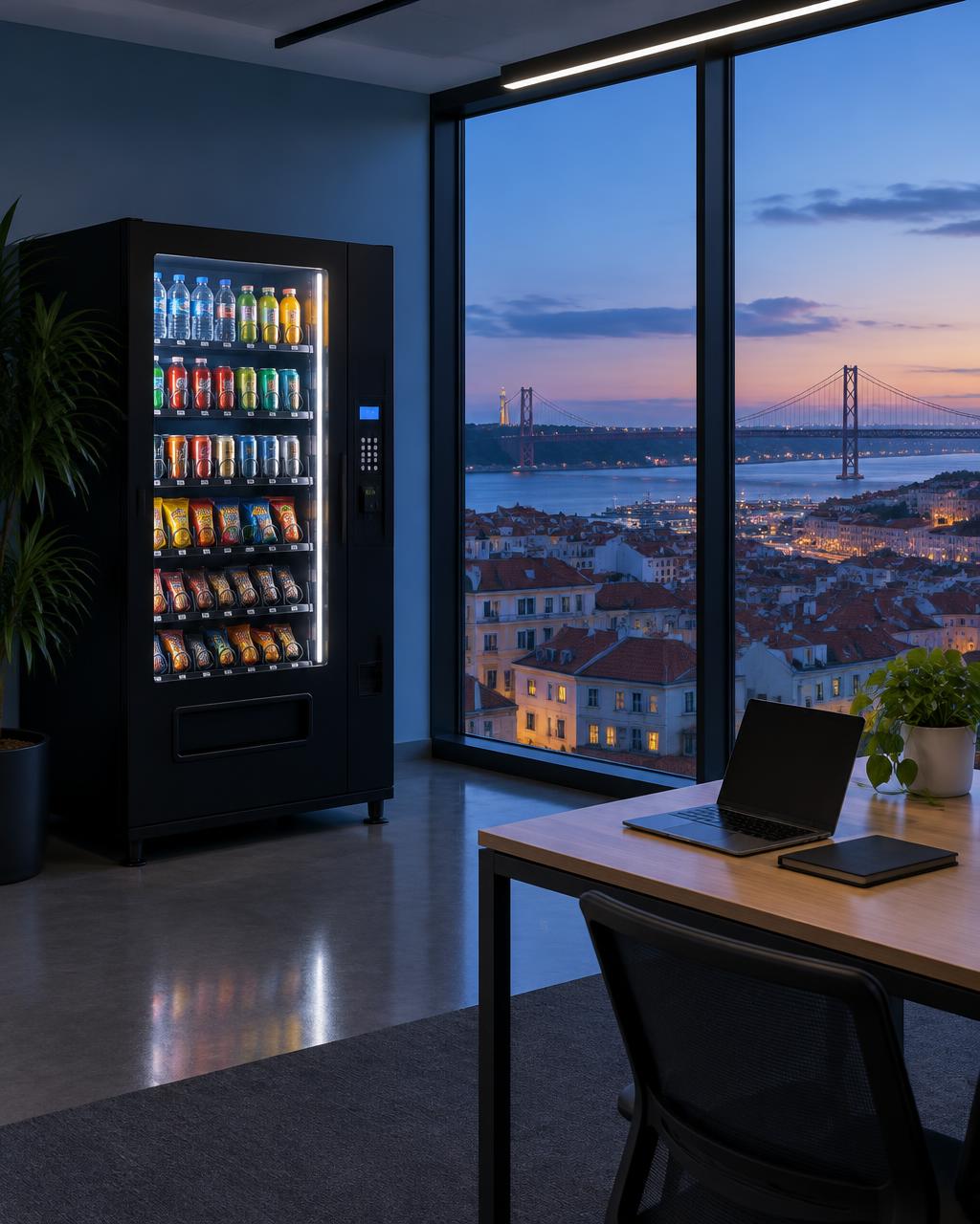 A premium black vending machine inside a warm Lisbon workspace with wood and linen